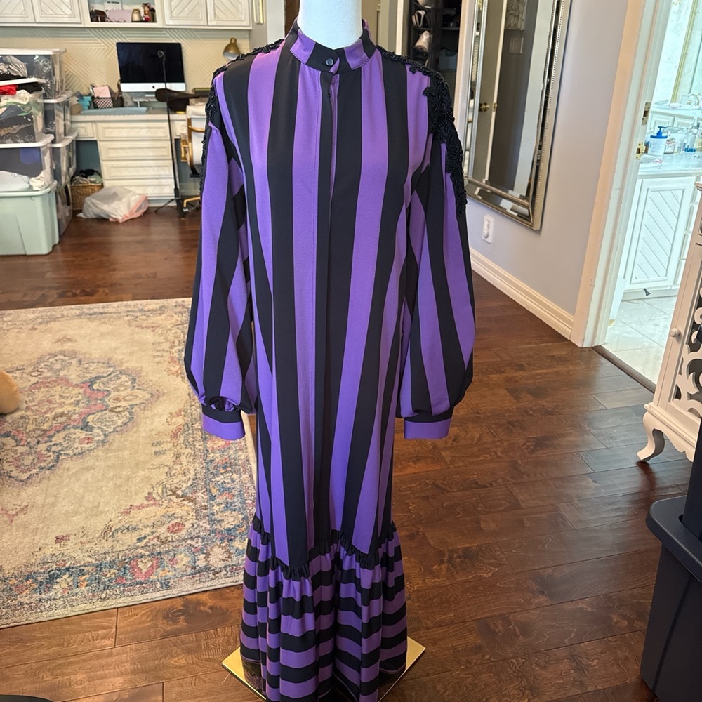 Striped Purple & Black Maxi Dress with Ruffle Hem